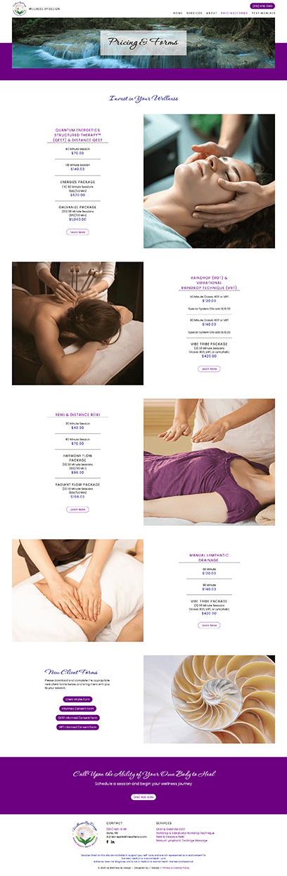 Pricing & Forms page from the Wellness By Design website